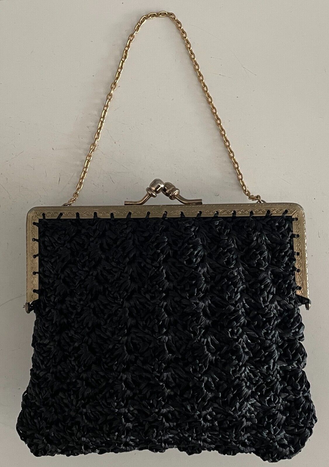 Gaysheen Handbag Black Gold Tone Metal Frame Short Chain Bag Purse 16cm Vintage