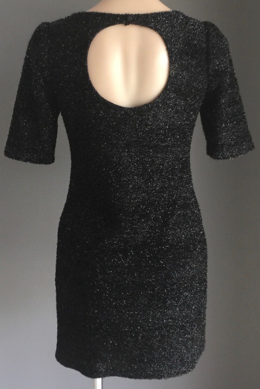 T by BETTINA LIANO Dress Black Lurex Cut Out Back Short Sleeve Mini Size 10 NEW