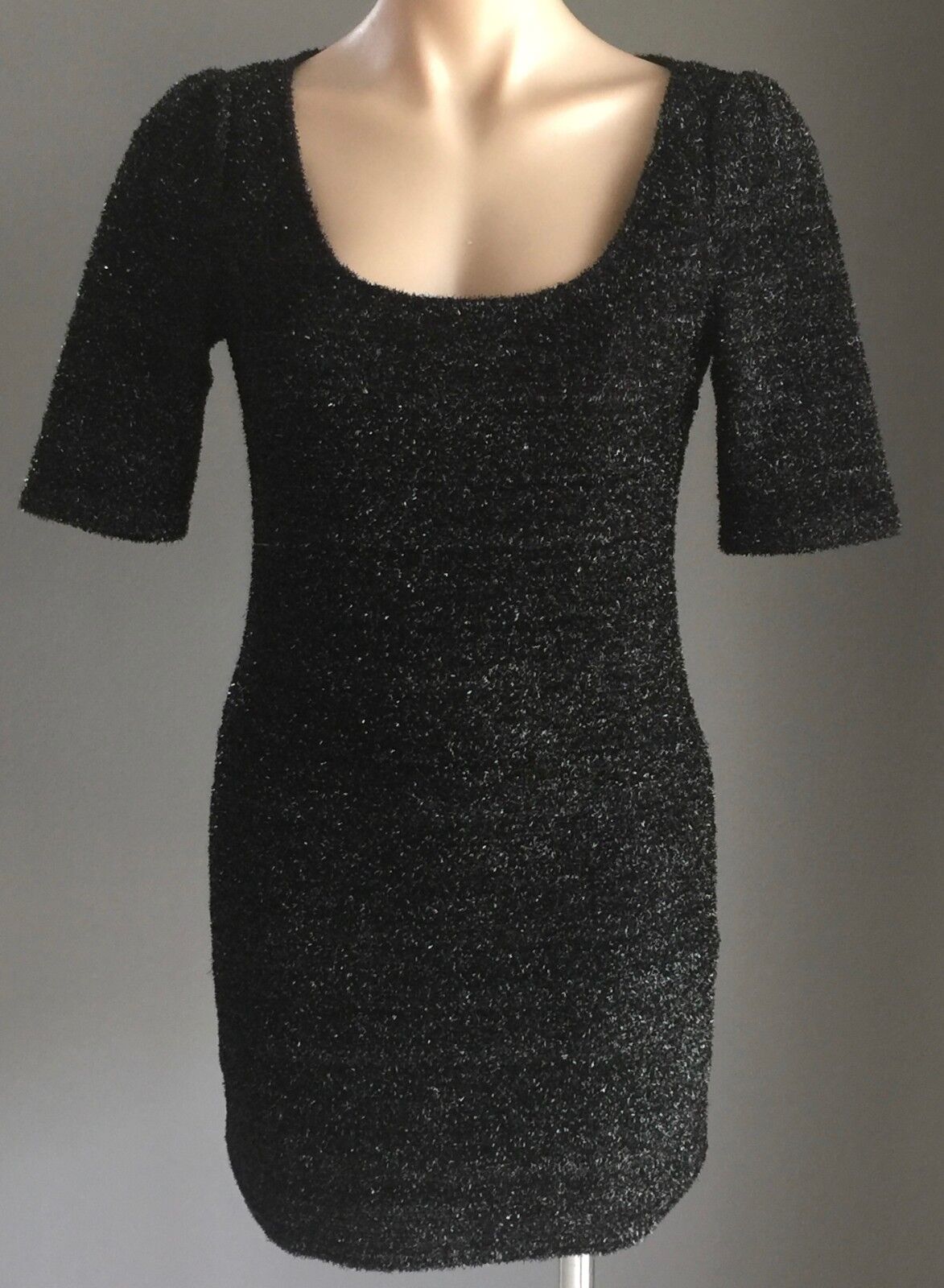 T by BETTINA LIANO Dress Black Lurex Cut Out Back Short Sleeve Mini Size 10 NEW