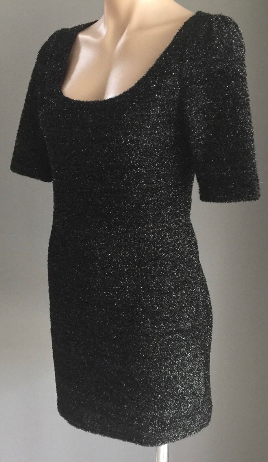 T by BETTINA LIANO Dress Black Lurex Cut Out Back Short Sleeve Mini Size 10 NEW