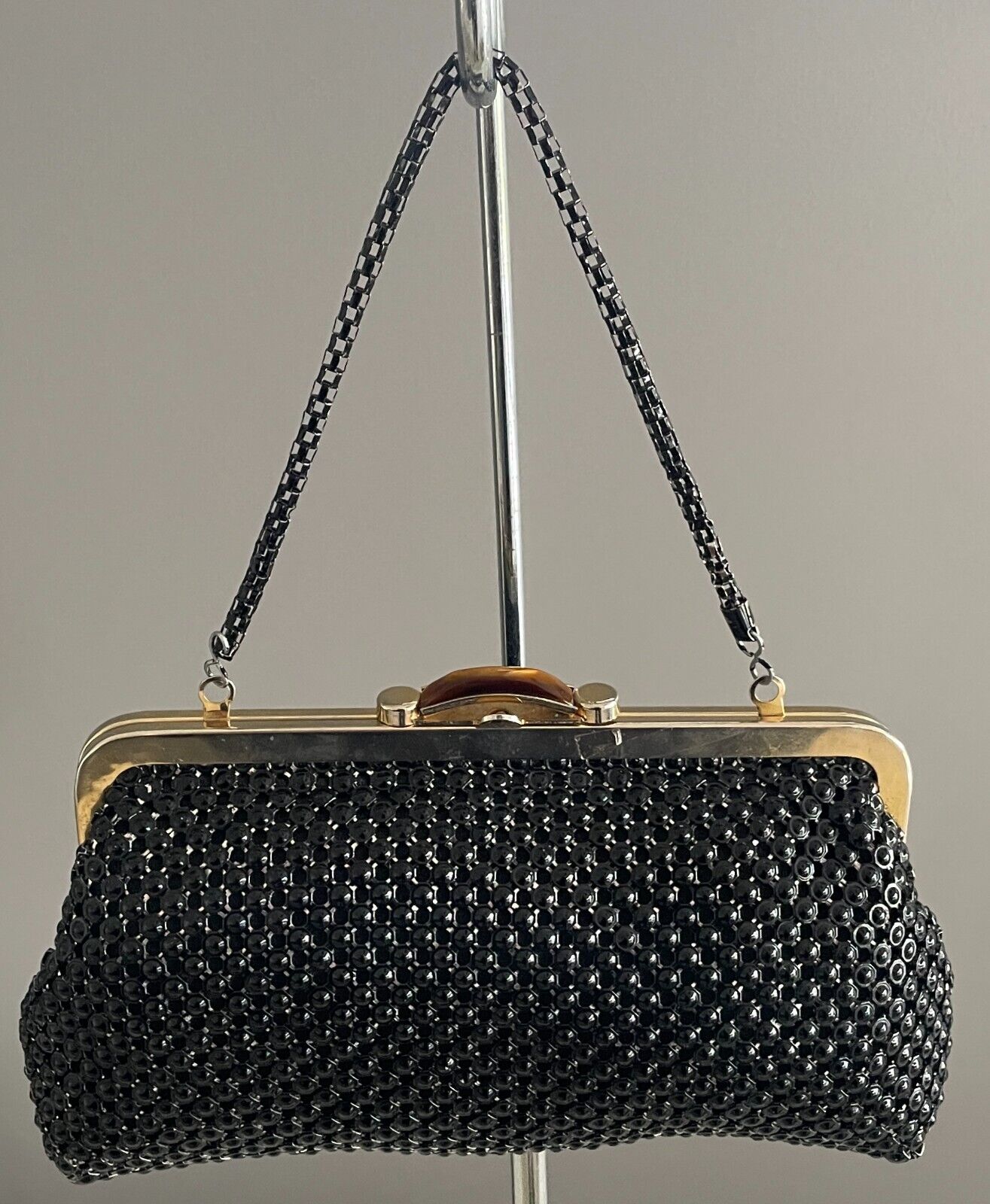 Vintage Evening Bag Black Beaded Clutch Short Chain Strap Gold Frame Tort Trim