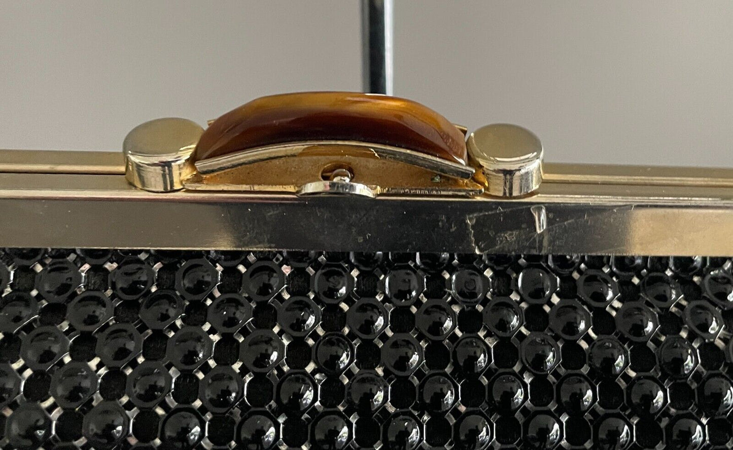 Vintage Evening Bag Black Beaded Clutch Short Chain Strap Gold Frame Tort Trim