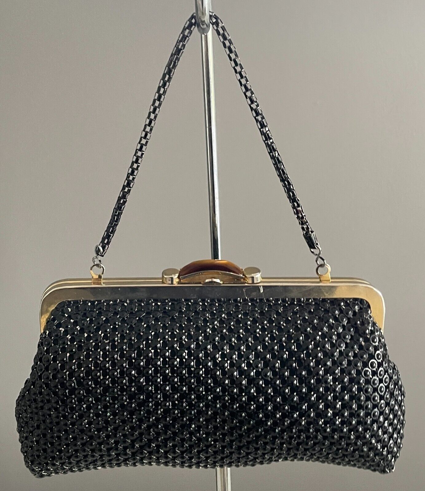 Vintage Evening Bag Black Beaded Clutch Short Chain Strap Gold Frame Tort Trim
