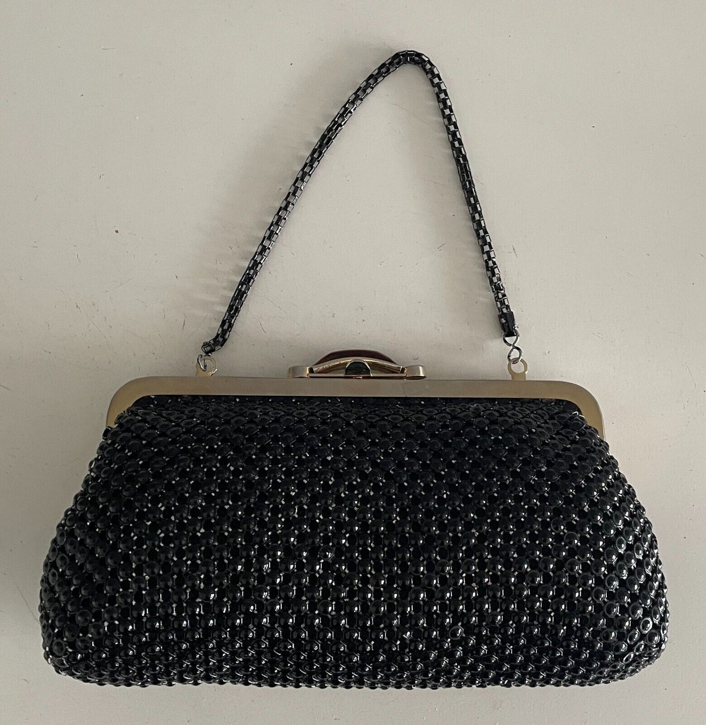 Vintage Evening Bag Black Beaded Clutch Short Chain Strap Gold Frame Tort Trim