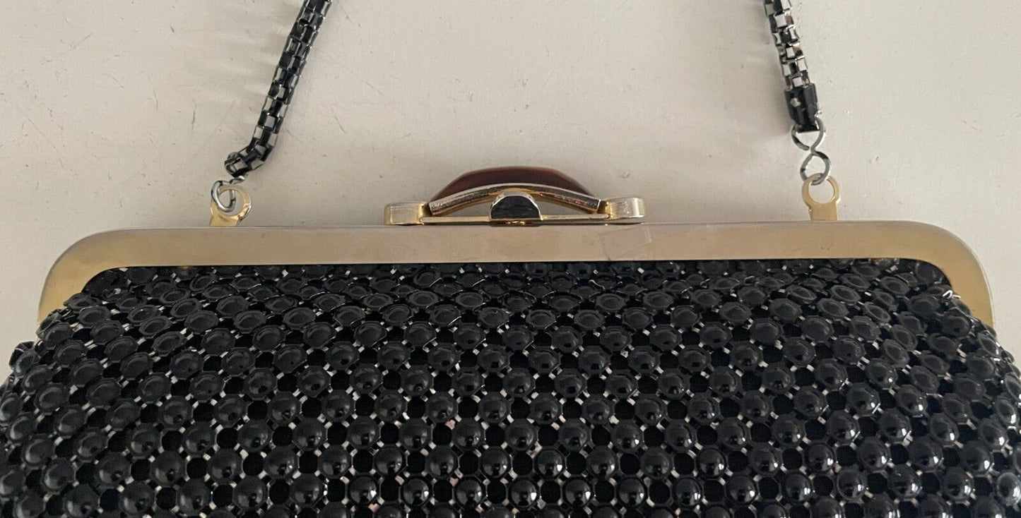 Vintage Evening Bag Black Beaded Clutch Short Chain Strap Gold Frame Tort Trim