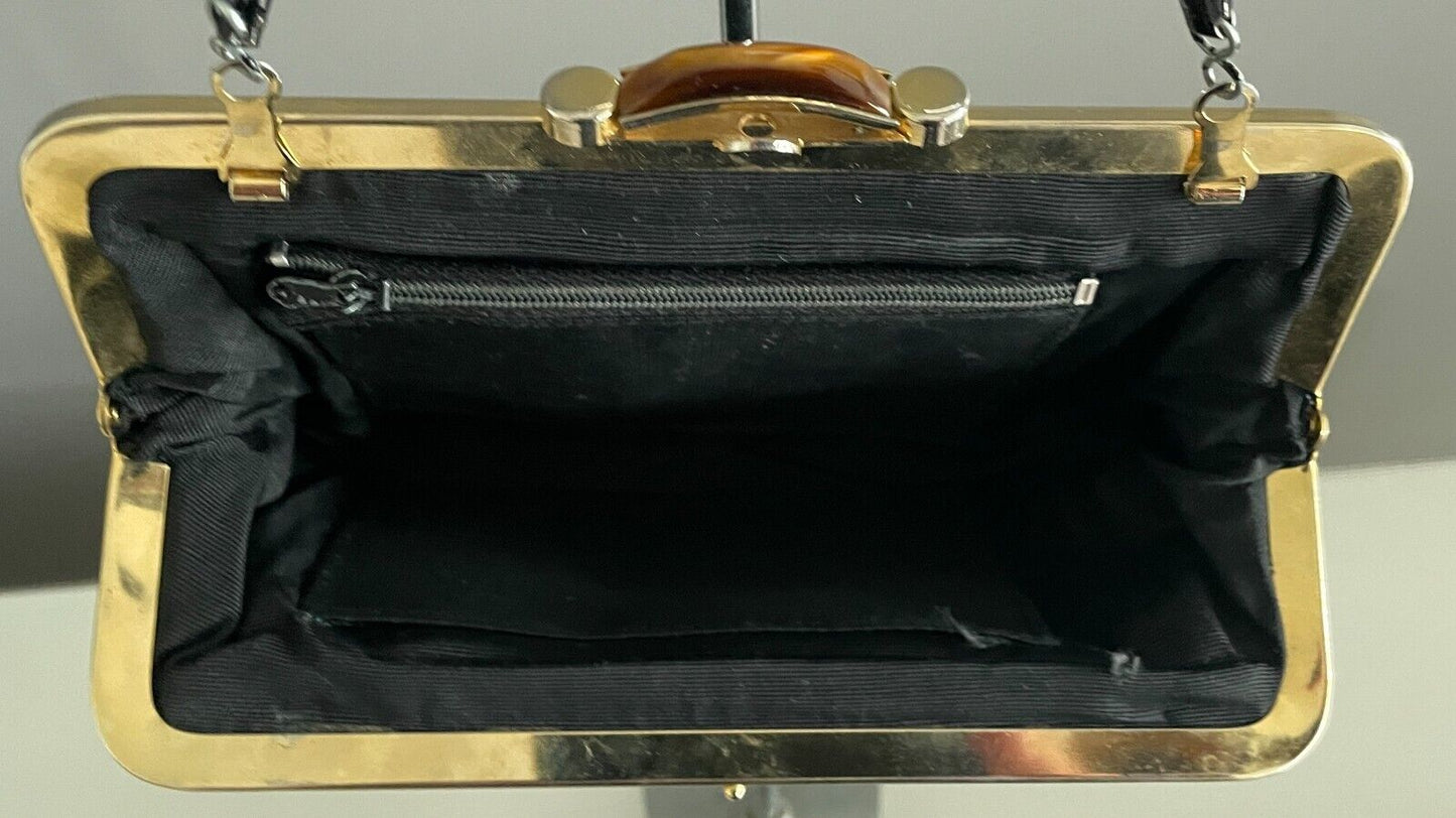 Vintage Evening Bag Black Beaded Clutch Short Chain Strap Gold Frame Tort Trim