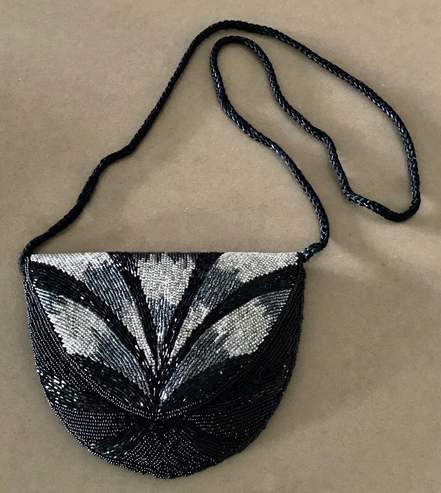 Art Deco Beaded SHOULDER BAG Black Silver Pewter Evening Clutch Crossbody