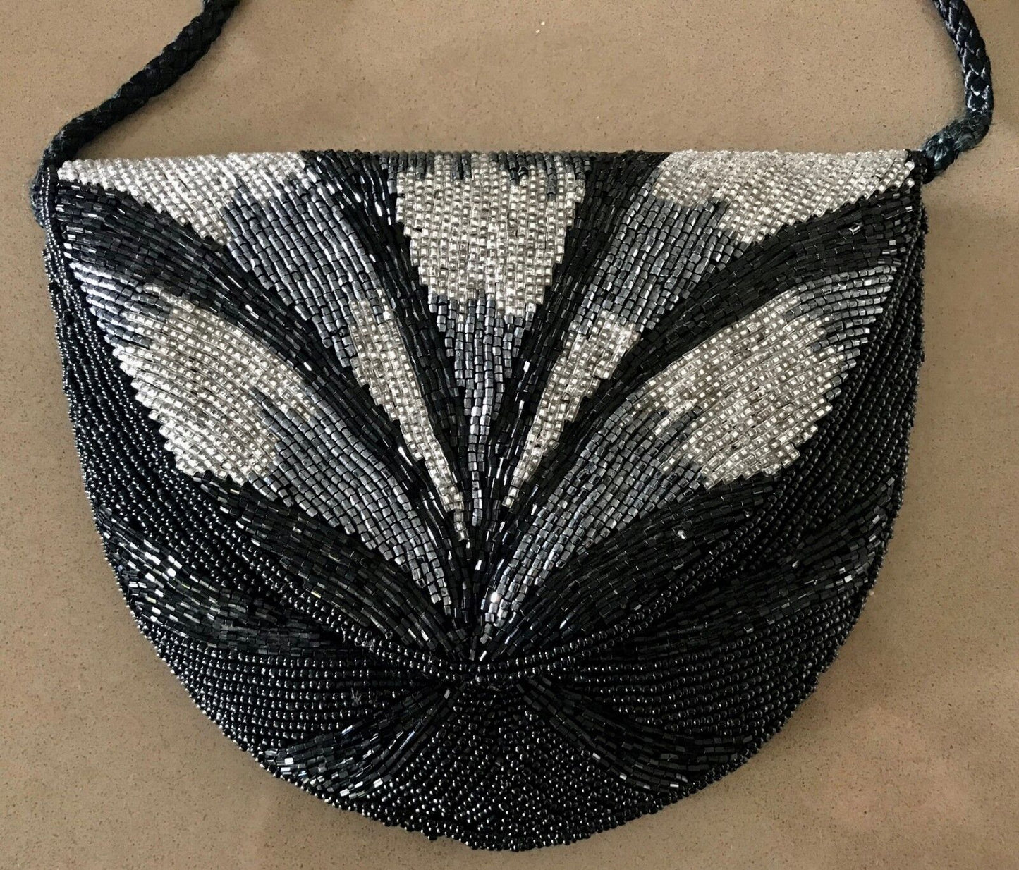 Art Deco Beaded SHOULDER BAG Black Silver Pewter Evening Clutch Crossbody