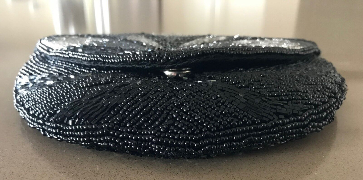 Art Deco Beaded SHOULDER BAG Black Silver Pewter Evening Clutch Crossbody
