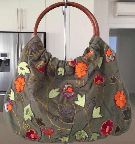 Wood Ring Handle Fabric Bag HandBag Khaki Floral Embroidered Embellished Vintage