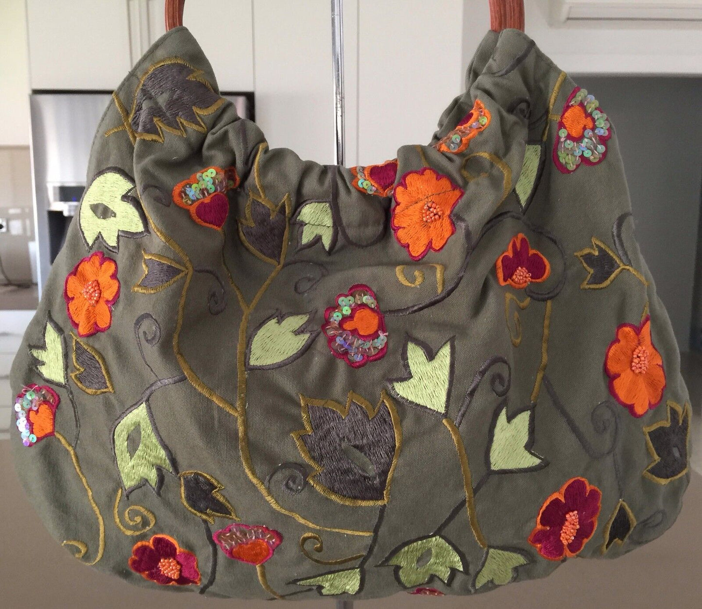 Wood Ring Handle Fabric Bag HandBag Khaki Floral Embroidered Embellished Vintage