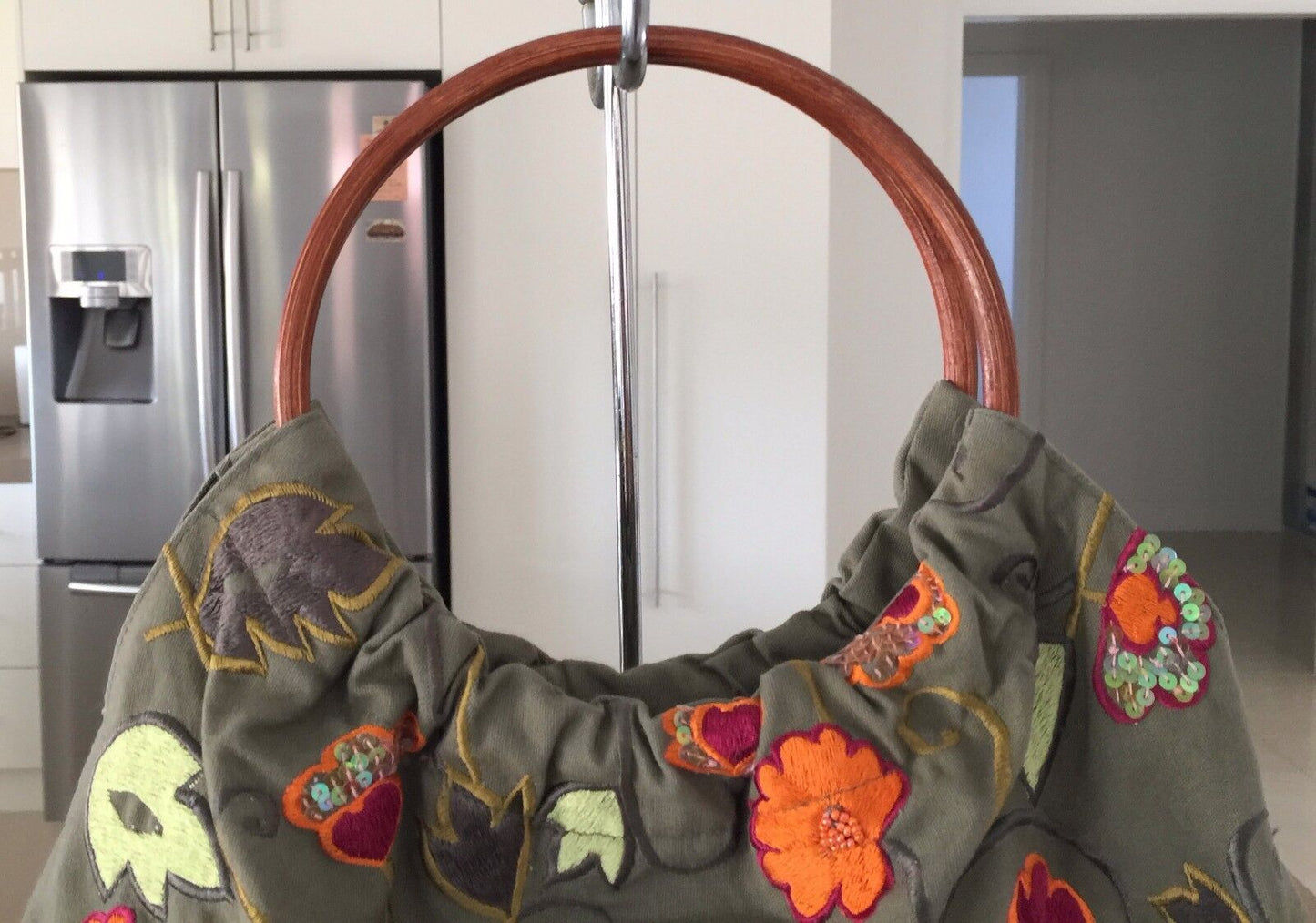 Wood Ring Handle Fabric Bag HandBag Khaki Floral Embroidered Embellished Vintage