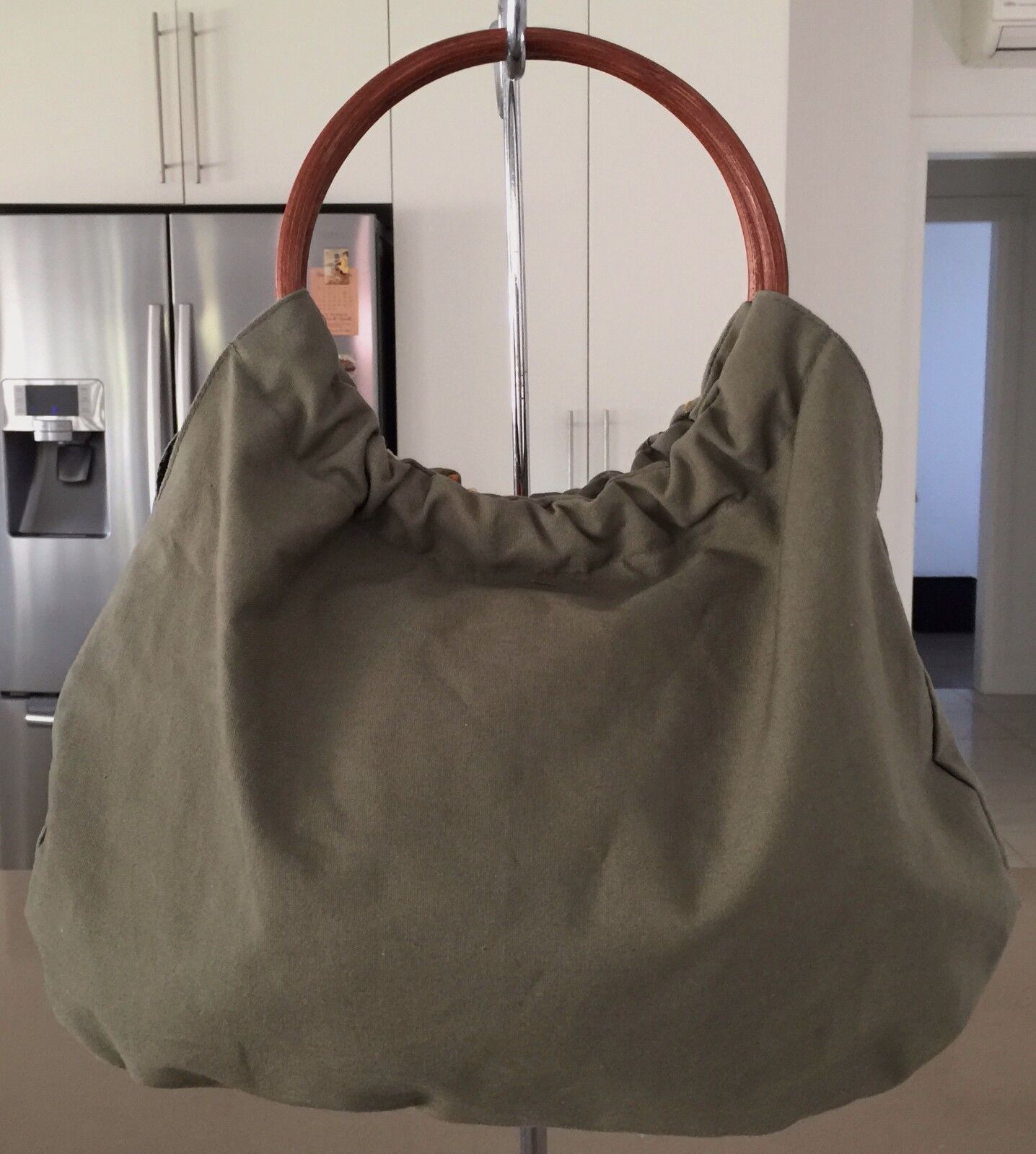 Wood Ring Handle Fabric Bag HandBag Khaki Floral Embroidered Embellished Vintage