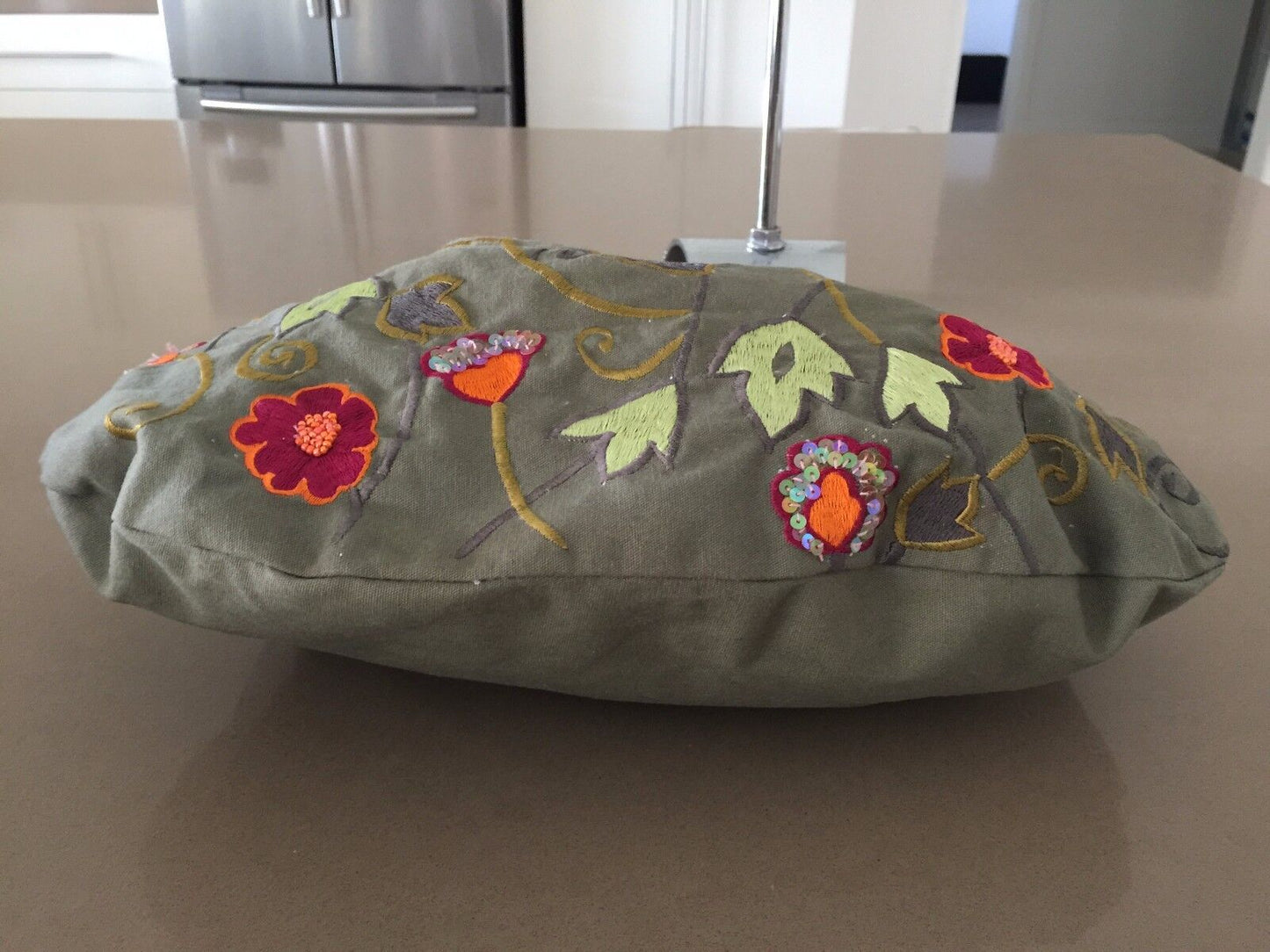 Wood Ring Handle Fabric Bag HandBag Khaki Floral Embroidered Embellished Vintage