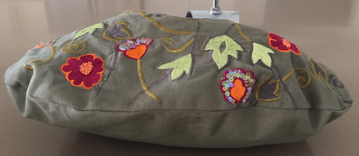 Wood Ring Handle Fabric Bag HandBag Khaki Floral Embroidered Embellished Vintage