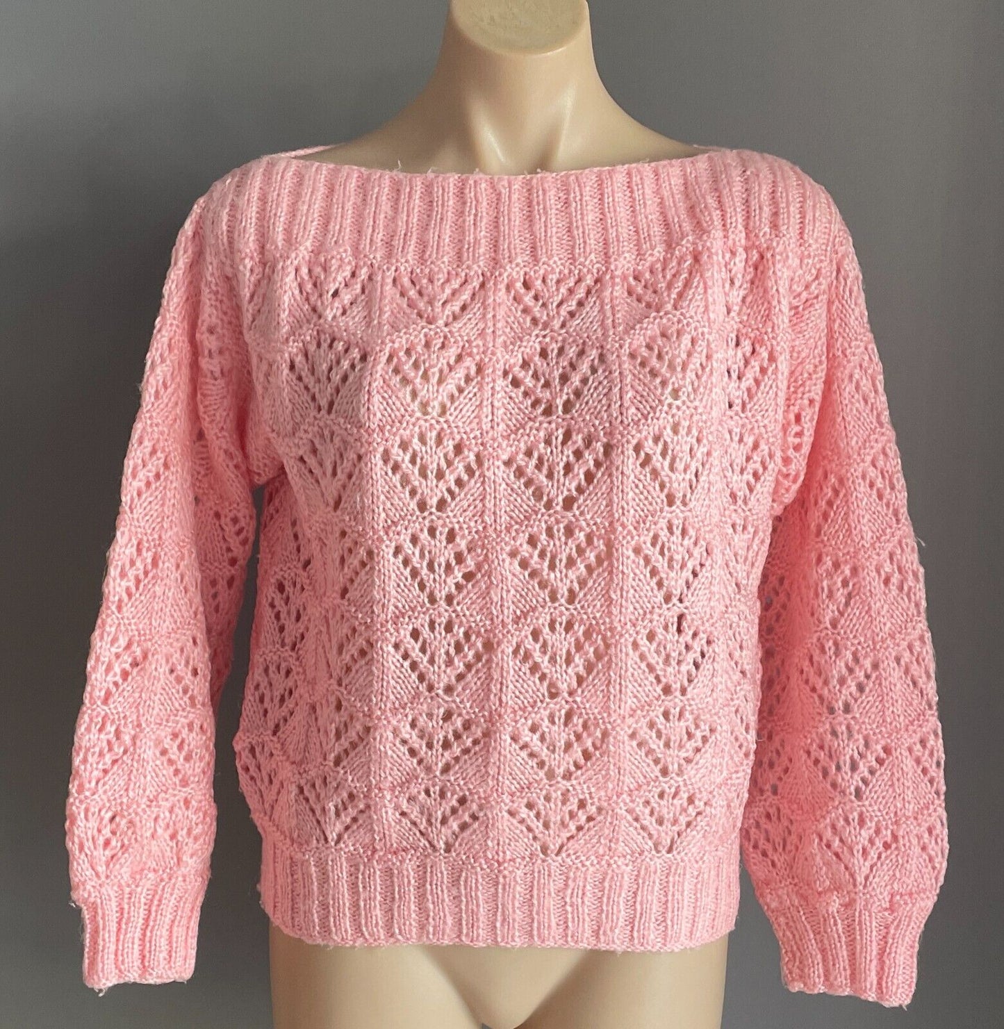 Baby Pink Handmade Knit Jumper Long Sleeves Size 12 Boat Neck Decorative Stitch