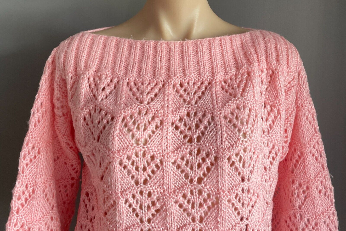 Baby Pink Handmade Knit Jumper Long Sleeves Size 12 Boat Neck Decorative Stitch