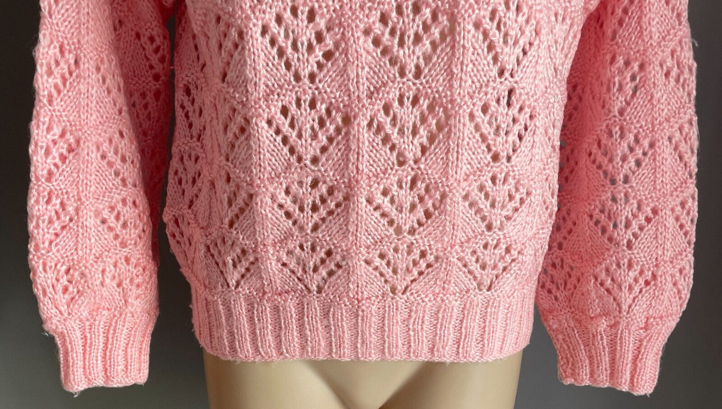 Baby Pink Handmade Knit Jumper Long Sleeves Size 12 Boat Neck Decorative Stitch