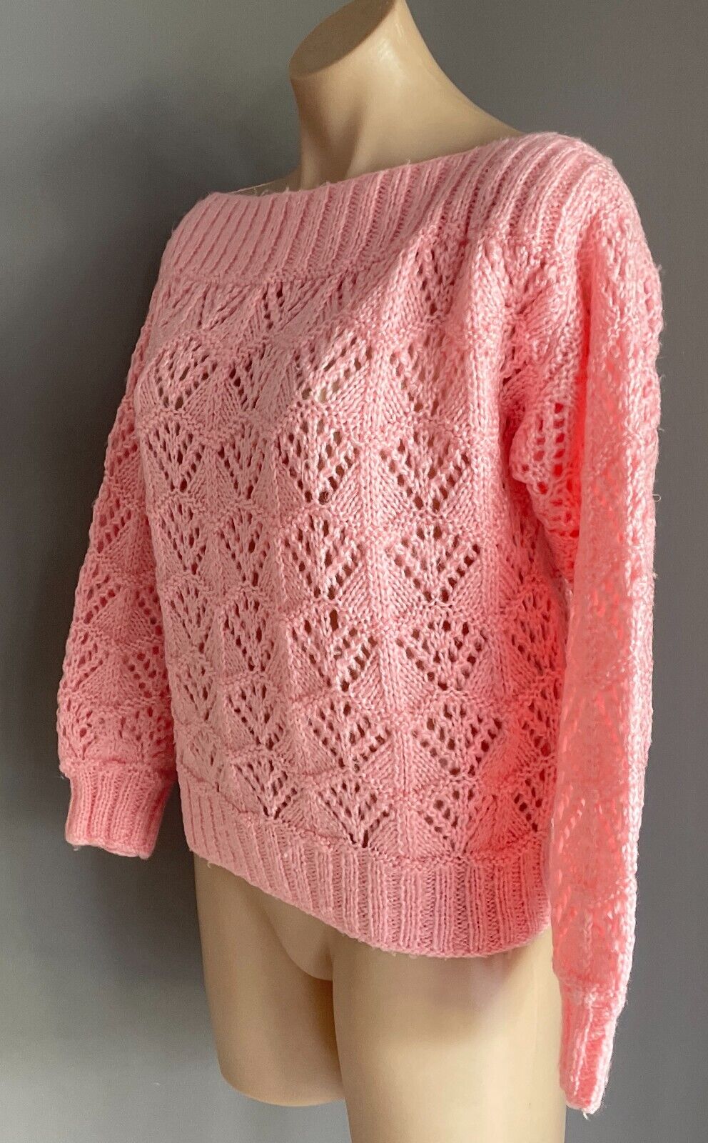 Baby Pink Handmade Knit Jumper Long Sleeves Size 12 Boat Neck Decorative Stitch