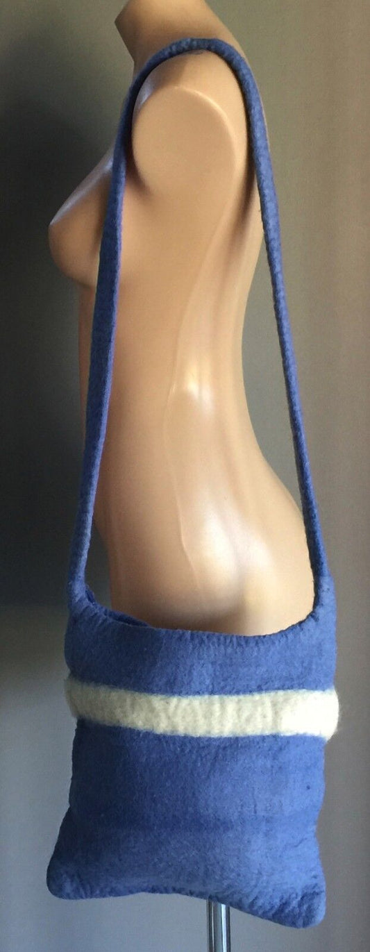 Vintage WOOLLEN FELT BAG  Blue & White Stripe Cross Body Shoulder Bag NEPAL
