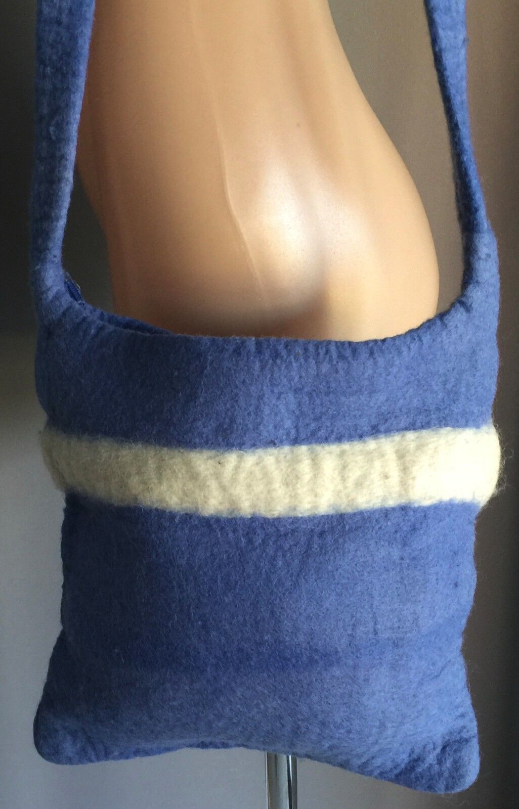Vintage WOOLLEN FELT BAG  Blue & White Stripe Cross Body Shoulder Bag NEPAL
