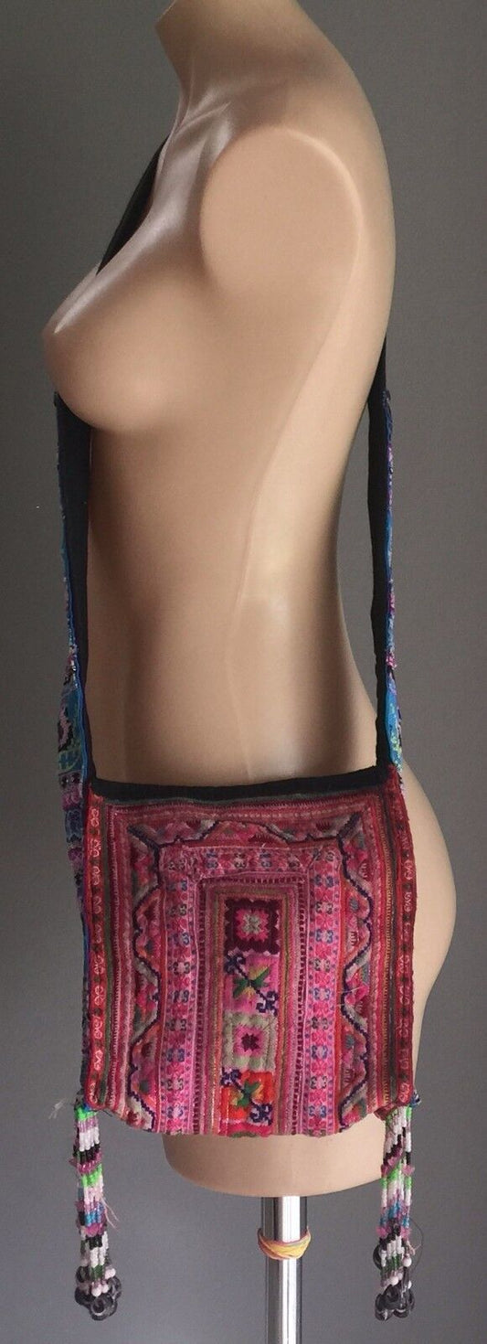 CROSS BODY SHOULDER BAG Multi Colour & Gold Fabric Zipped Top Beaded Tassels NEW