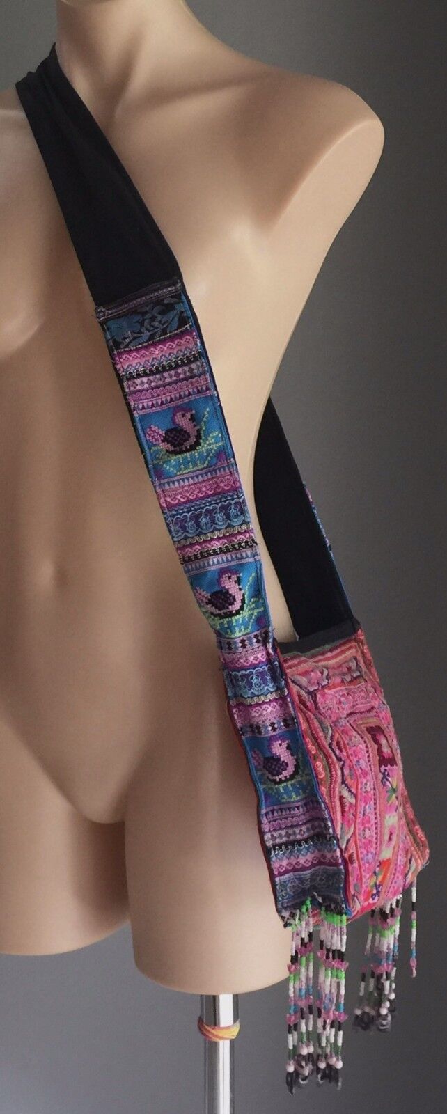 CROSS BODY SHOULDER BAG Multi Colour & Gold Fabric Zipped Top Beaded Tassels NEW