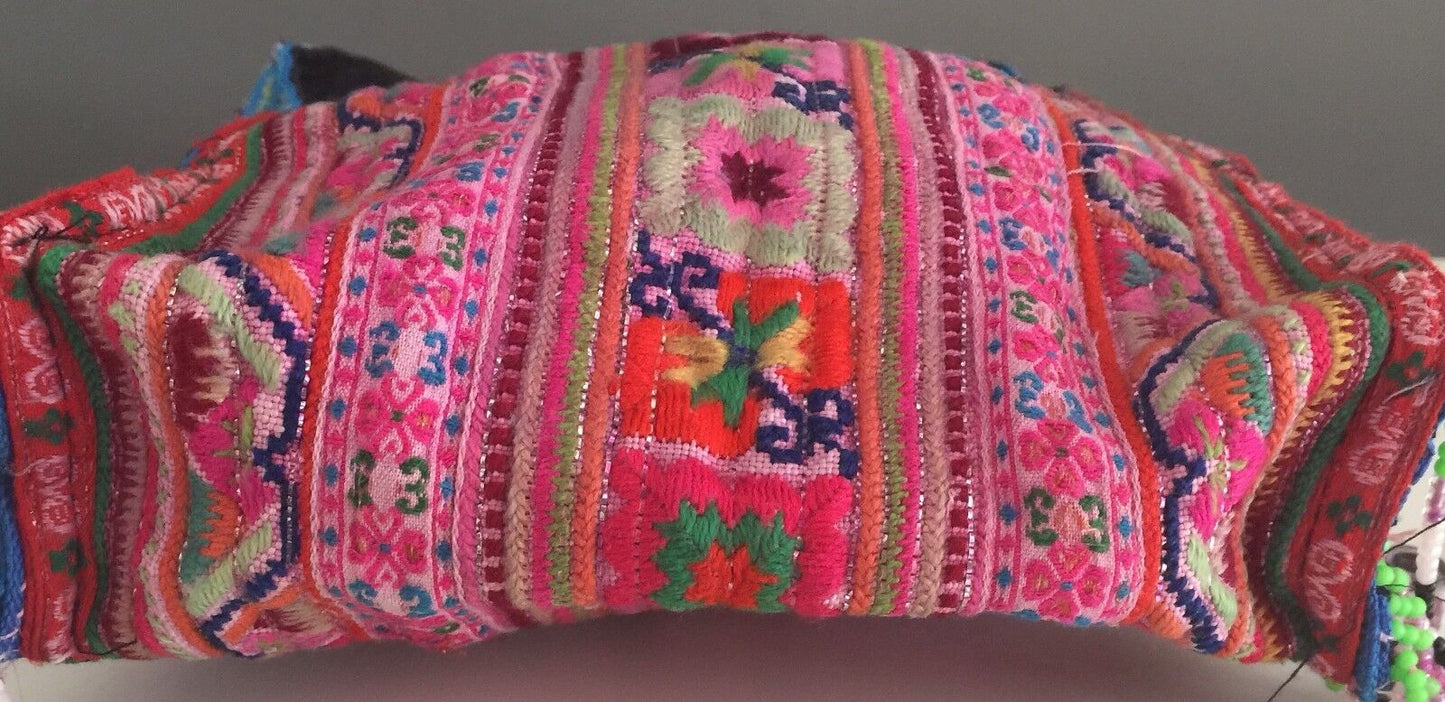 CROSS BODY SHOULDER BAG Multi Colour & Gold Fabric Zipped Top Beaded Tassels NEW