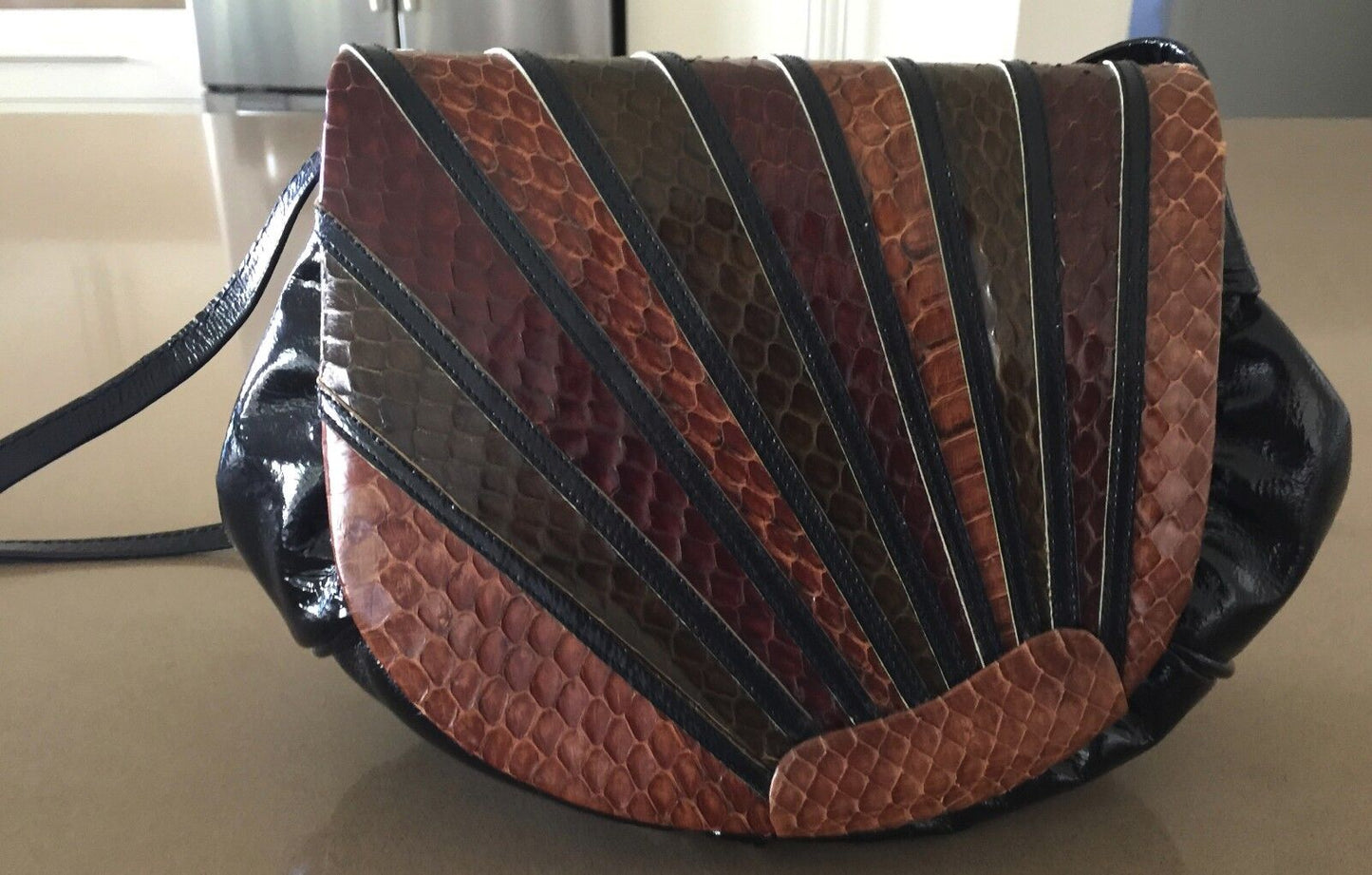 Vintage Shoulder Bag Black Brown Tan Patent Faux Snake Skin & Leather Flap Purse