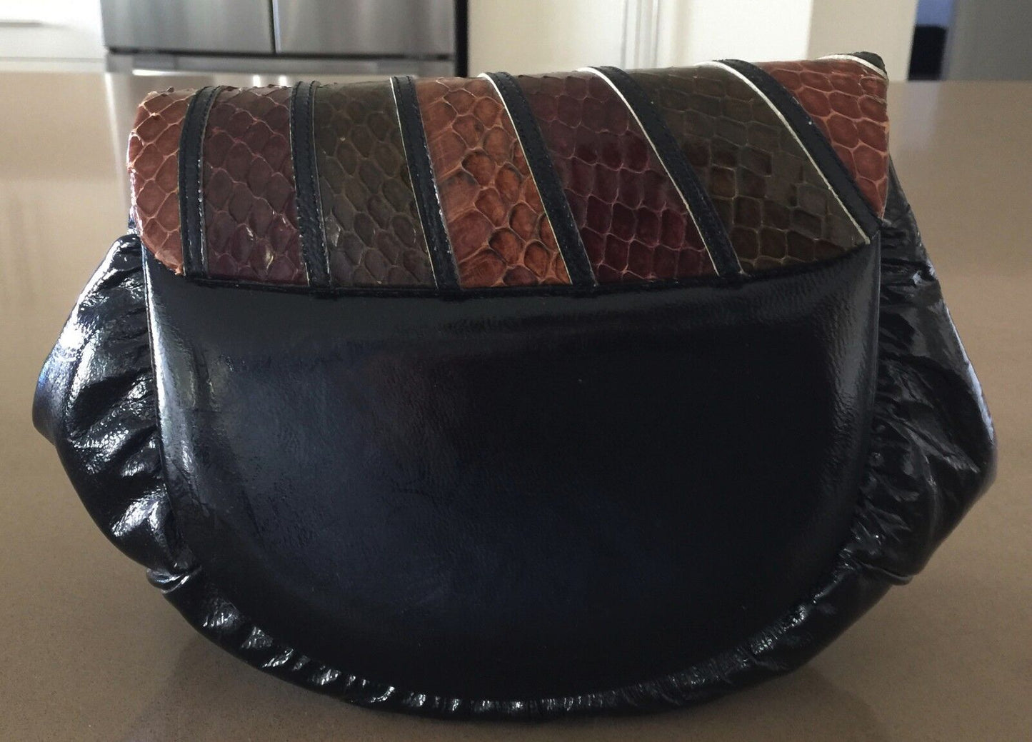 Vintage Shoulder Bag Black Brown Tan Patent Faux Snake Skin & Leather Flap Purse