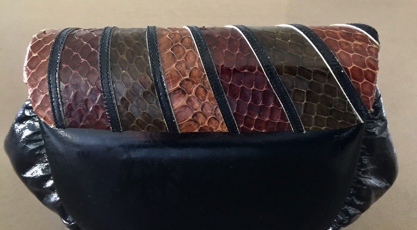 Vintage Shoulder Bag Black Brown Tan Patent Faux Snake Skin & Leather Flap Purse