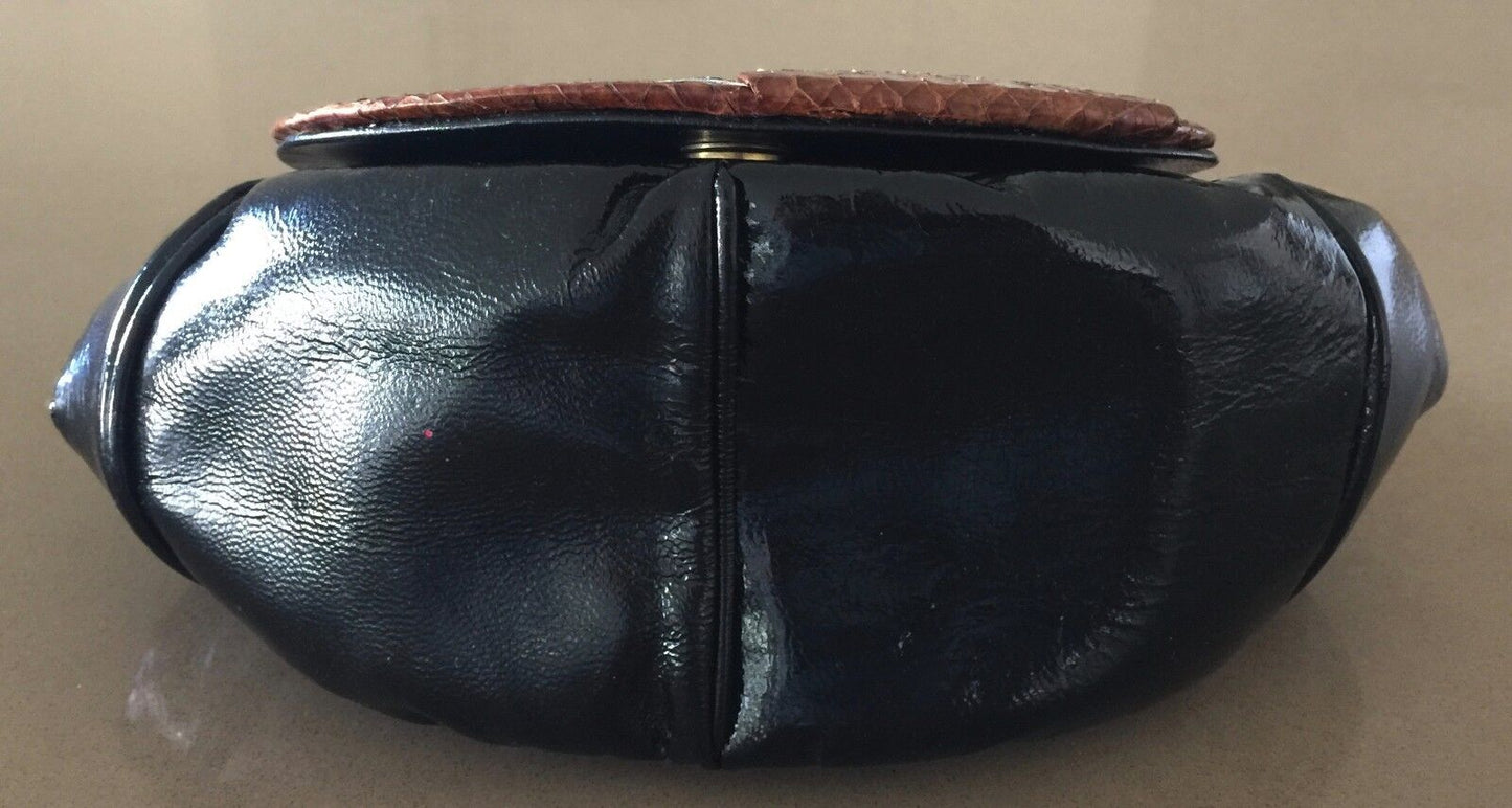 Vintage Shoulder Bag Black Brown Tan Patent Faux Snake Skin & Leather Flap Purse