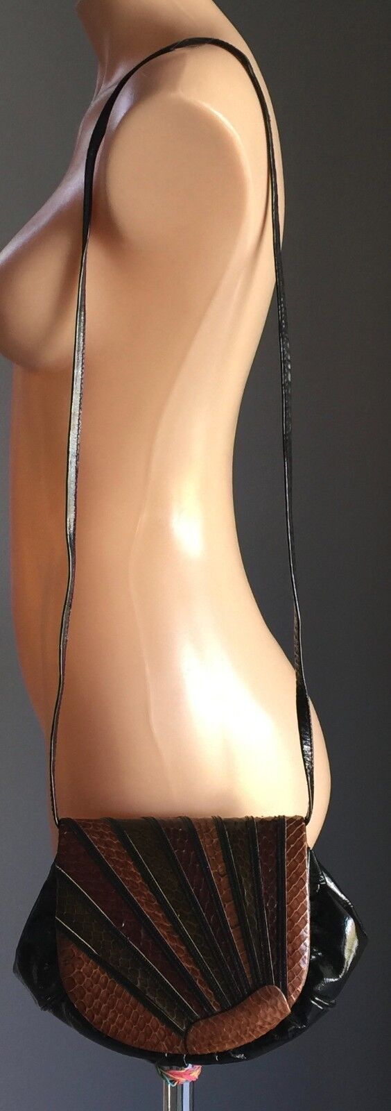 Vintage Shoulder Bag Black Brown Tan Patent Faux Snake Skin & Leather Flap Purse