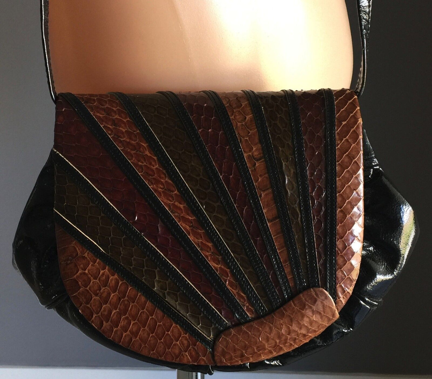 Vintage Shoulder Bag Black Brown Tan Patent Faux Snake Skin & Leather Flap Purse