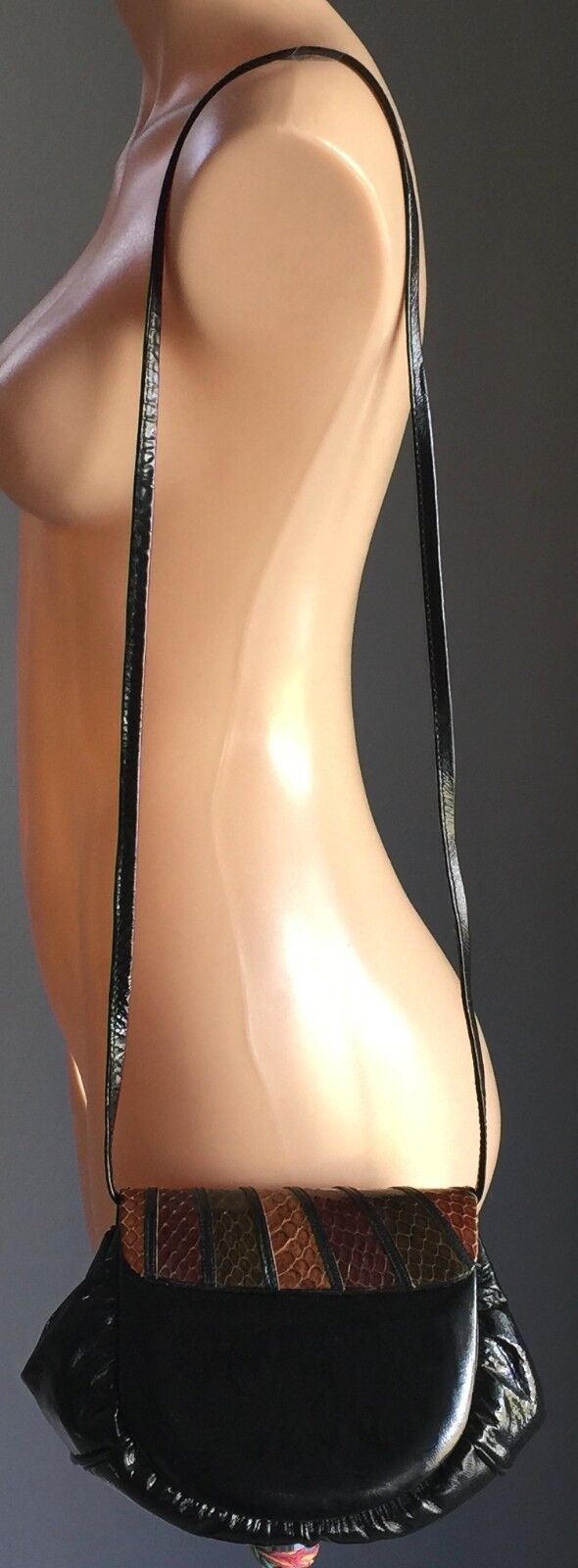 Vintage Shoulder Bag Black Brown Tan Patent Faux Snake Skin & Leather Flap Purse