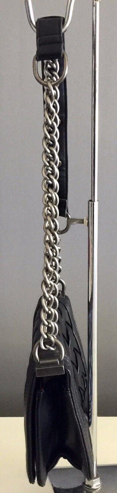 Cross Body Shoulder Bag Black Pleather "Thatched" Feature Double Thick Chain