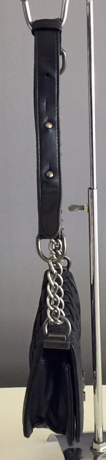 Cross Body Shoulder Bag Black Pleather "Thatched" Feature Double Thick Chain