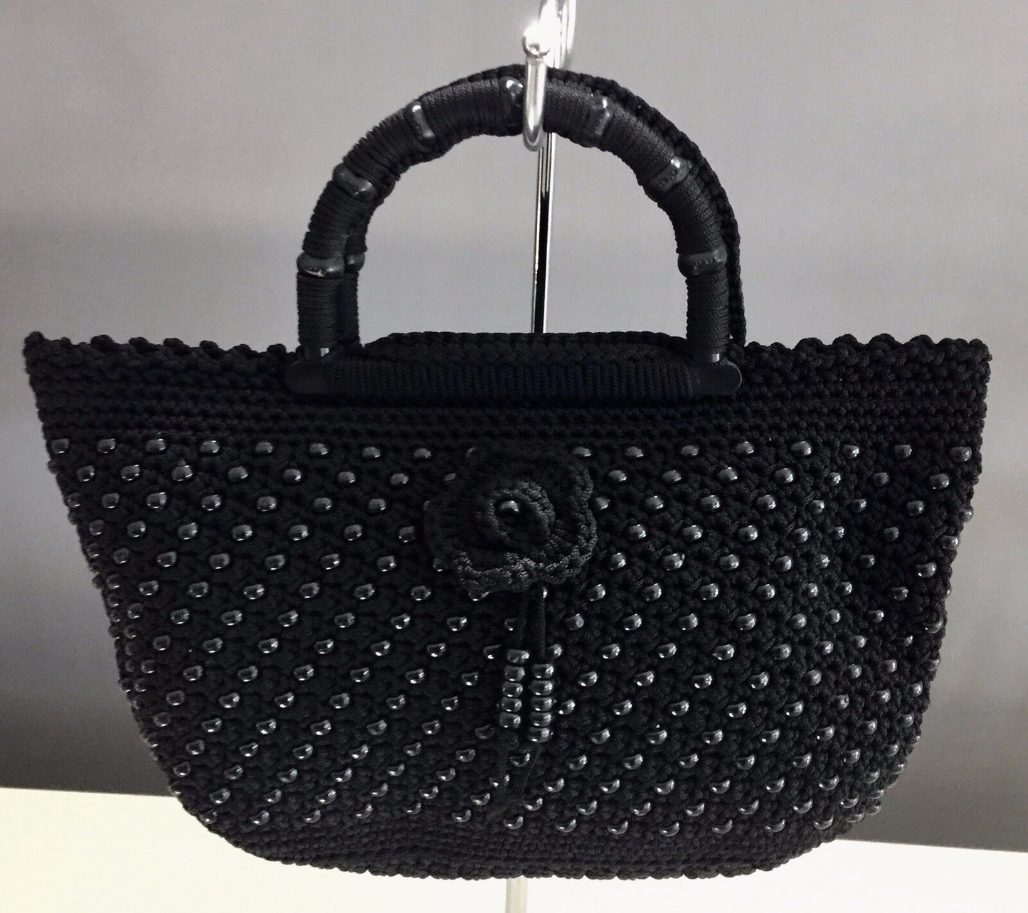 Vintage Heavy Black Knit & Beaded Tote Shopper Clutch Bag w Rosette Trim