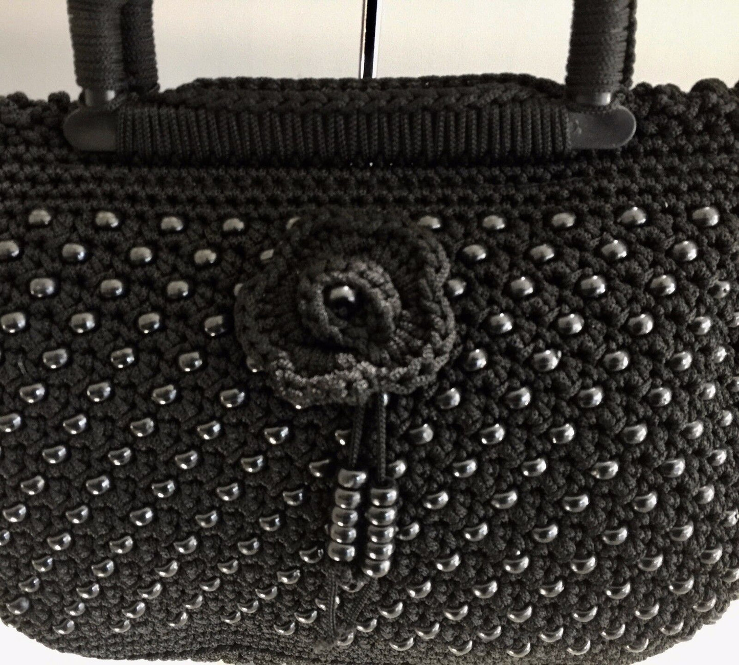Vintage Heavy Black Knit & Beaded Tote Shopper Clutch Bag w Rosette Trim