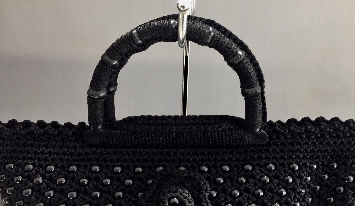 Vintage Heavy Black Knit & Beaded Tote Shopper Clutch Bag w Rosette Trim