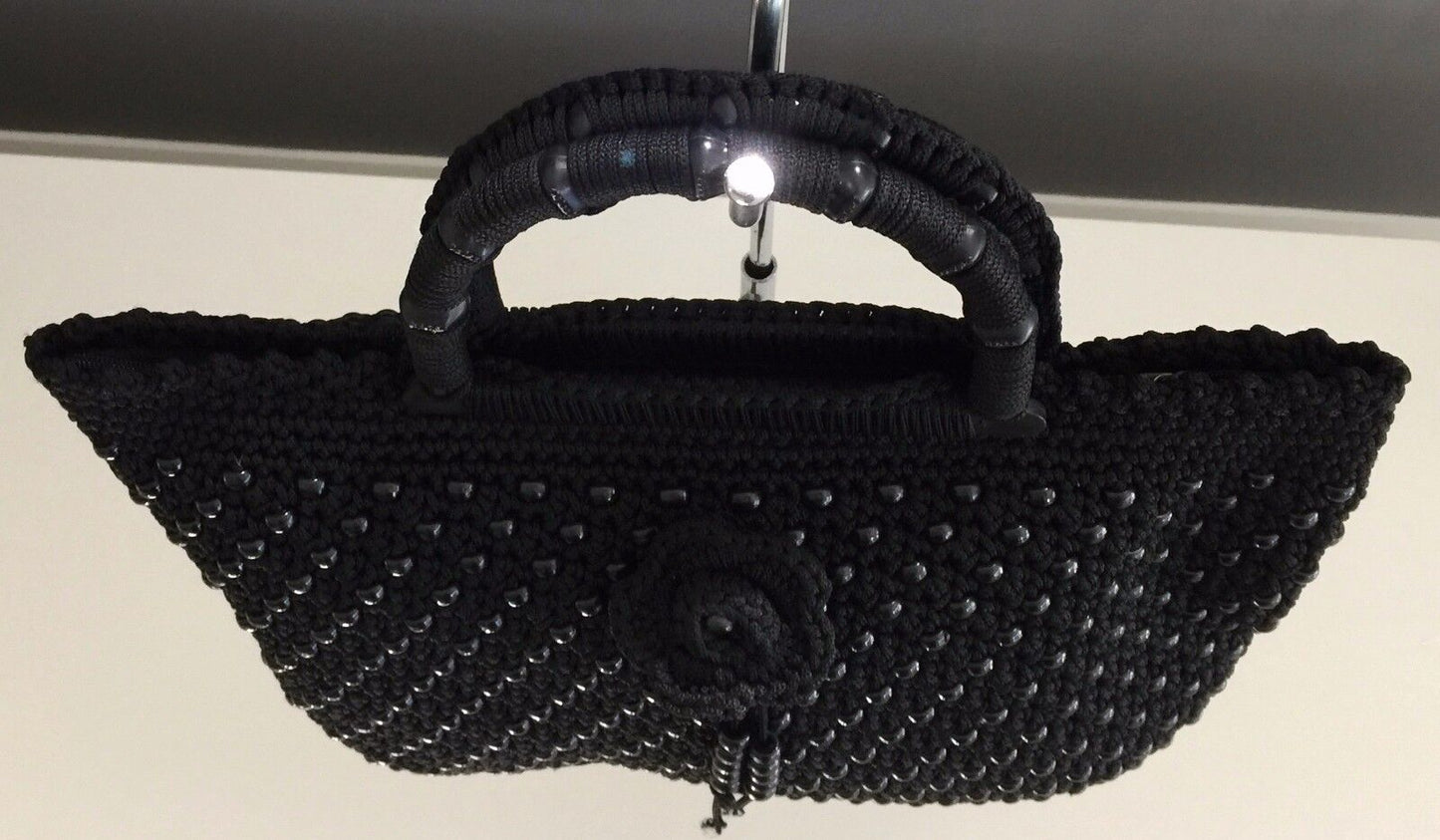 Vintage Heavy Black Knit & Beaded Tote Shopper Clutch Bag w Rosette Trim