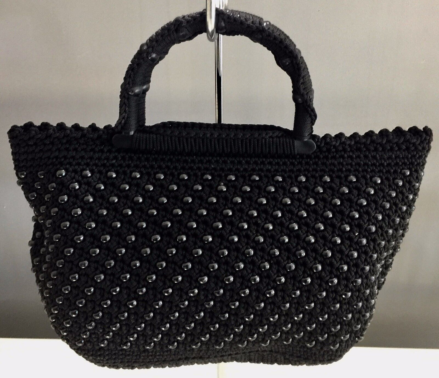Vintage Heavy Black Knit & Beaded Tote Shopper Clutch Bag w Rosette Trim