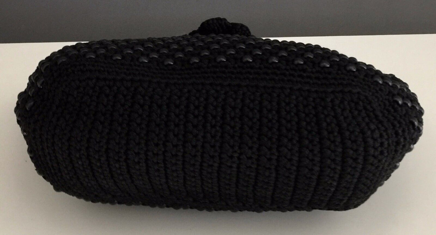 Vintage Heavy Black Knit & Beaded Tote Shopper Clutch Bag w Rosette Trim
