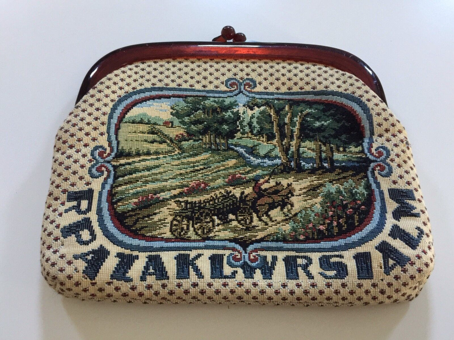 Vintage CLUTCH PURSE Folk Art Rural Scene Multi Colour Tapestry Bag Continental