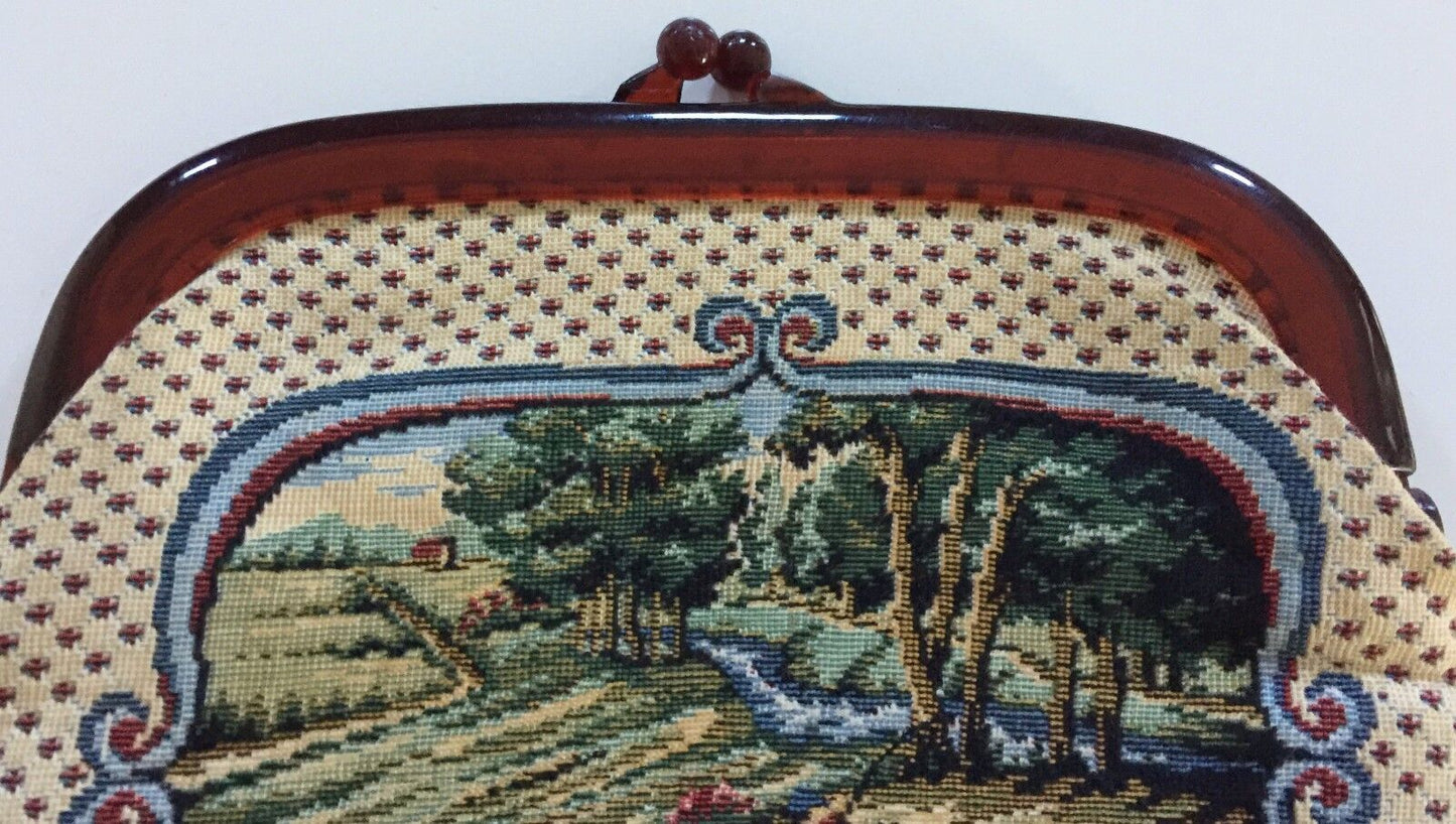 Vintage CLUTCH PURSE Folk Art Rural Scene Multi Colour Tapestry Bag Continental