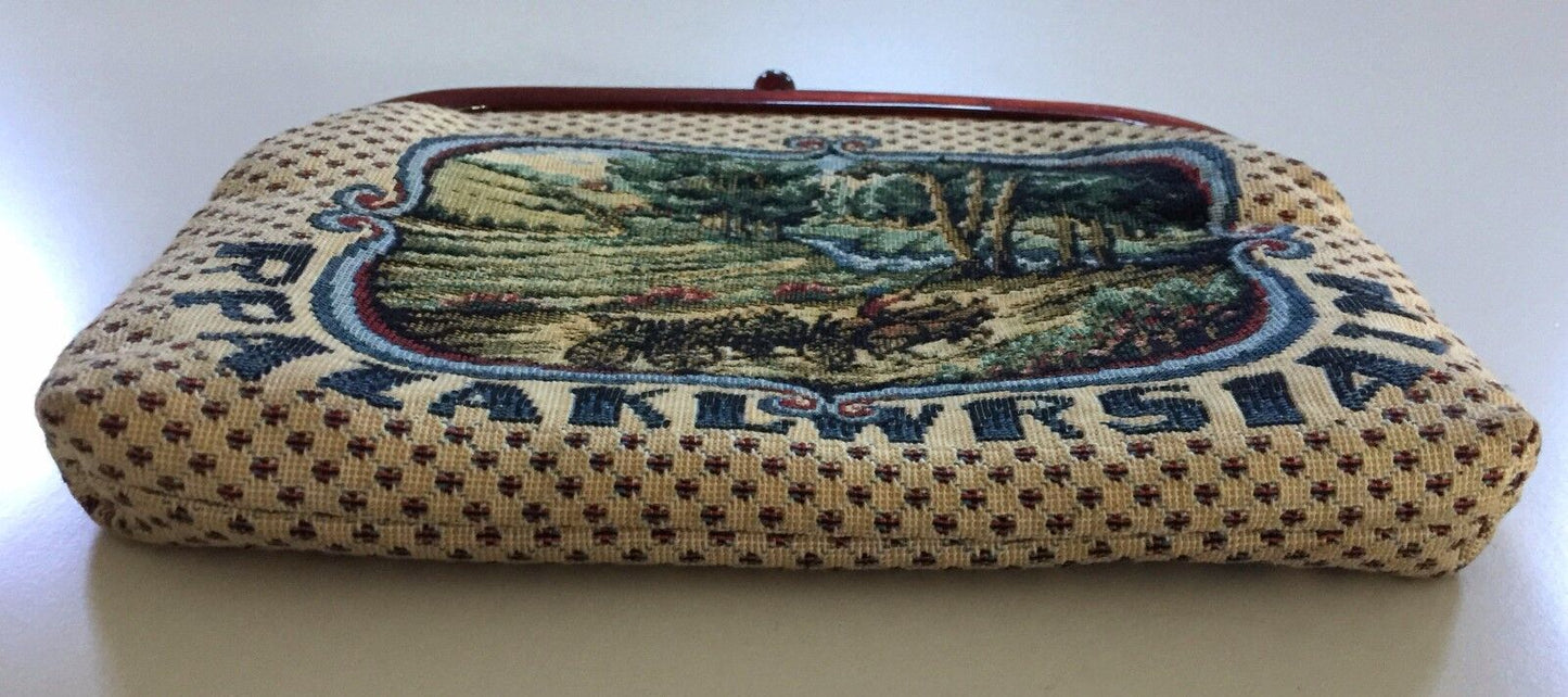 Vintage CLUTCH PURSE Folk Art Rural Scene Multi Colour Tapestry Bag Continental