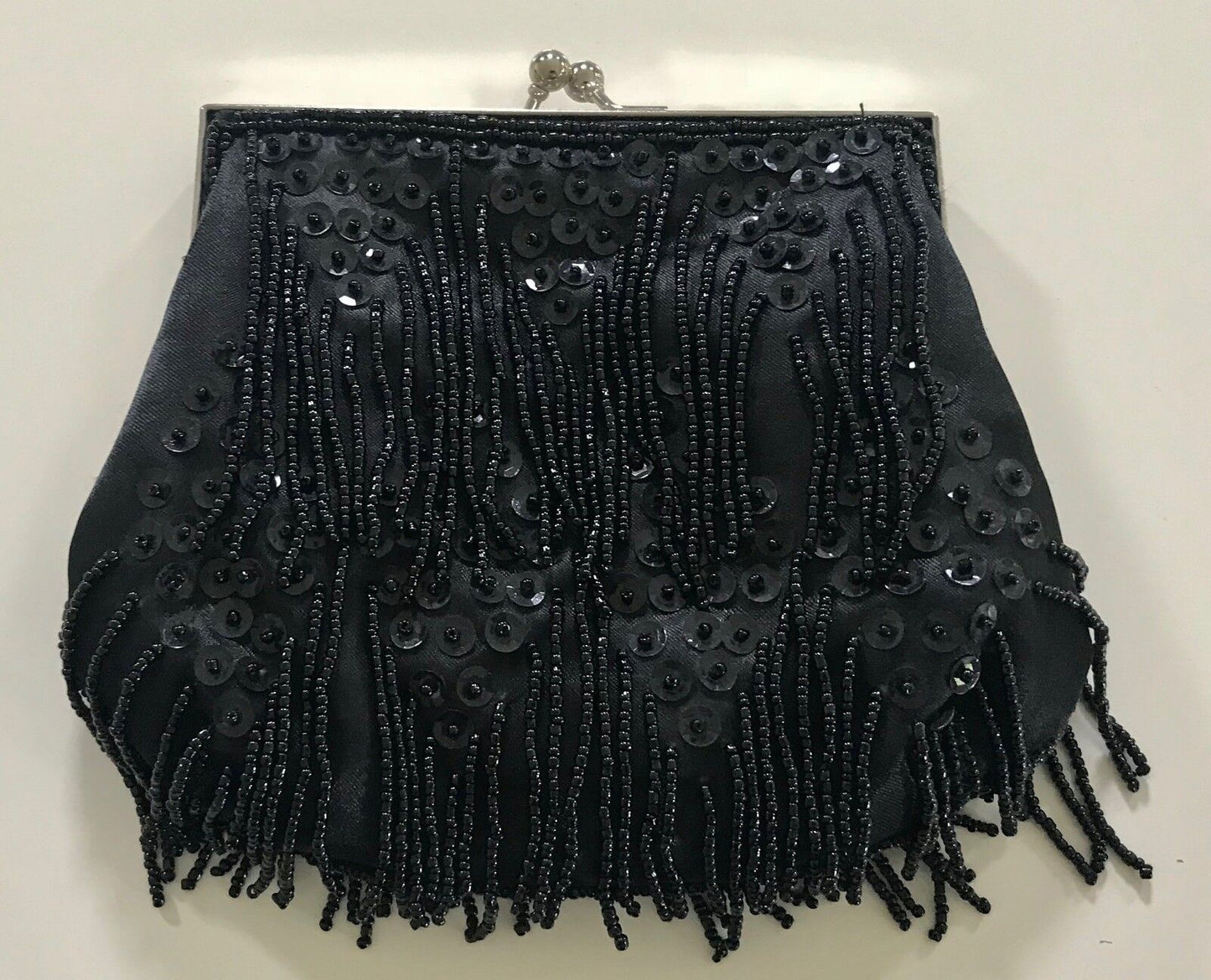 Vintage Clutch HandBag Black Beaded Sequins Silver Frame w Hanging Bead Strands