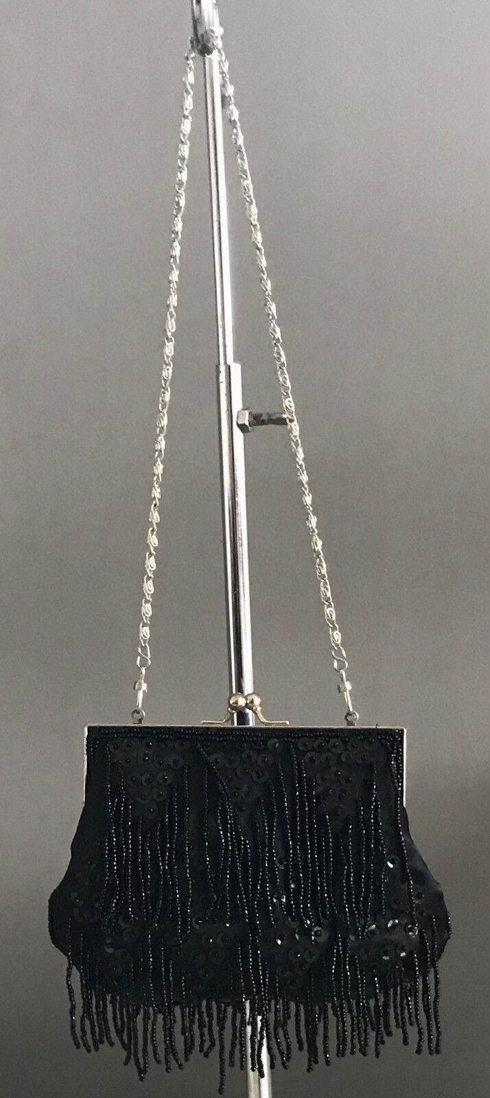 Vintage Clutch HandBag Black Beaded Sequins Silver Frame w Hanging Bead Strands