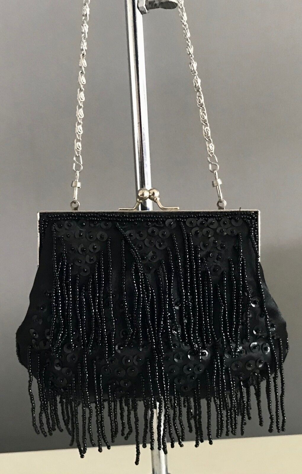Vintage Clutch HandBag Black Beaded Sequins Silver Frame w Hanging Bead Strands