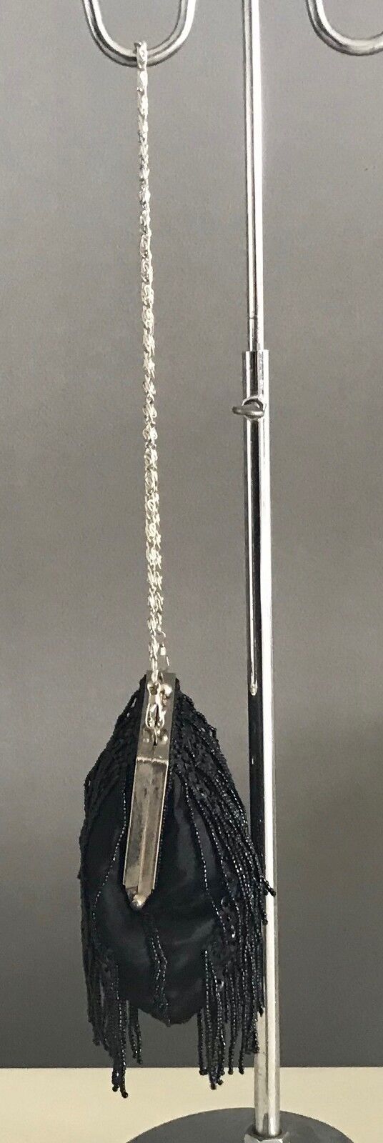Vintage Clutch HandBag Black Beaded Sequins Silver Frame w Hanging Bead Strands